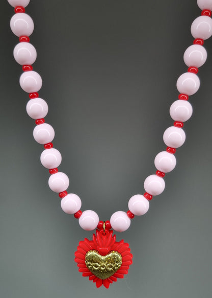Chunky Necklace – Light Pink – Red heart