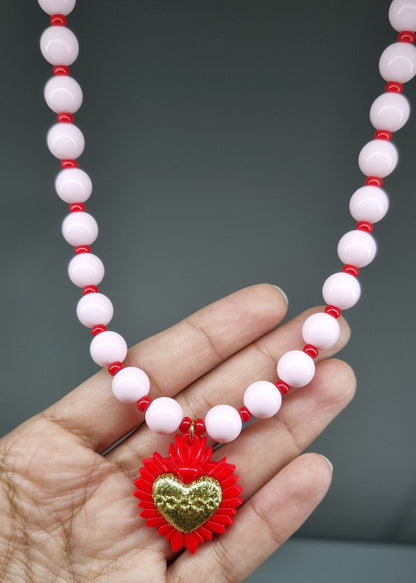 Chunky Necklace – Light Pink – Red heart