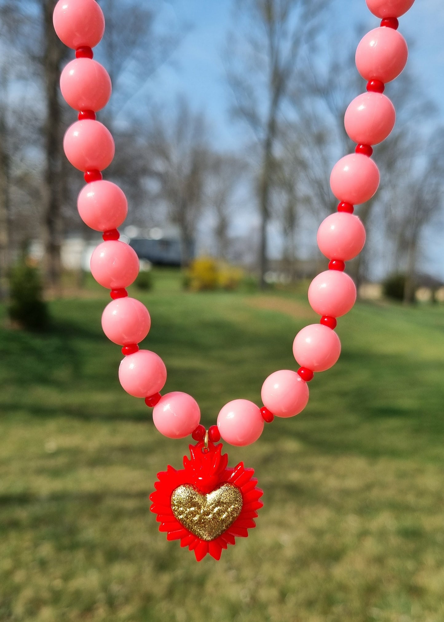 Chunky Necklace – Bubblegum Pink - Red heart